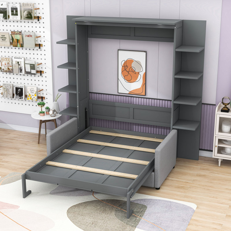 Grand lit escamotable en bois avec canapé, gris