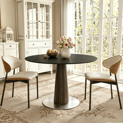 Table de salle à manger ronde Aversa 99 cm (39 po) en pierre frittée, table à pied central résistante aux taches et à la chaleur, idéale pour les coins repas, la cuisine et la salle à manger.