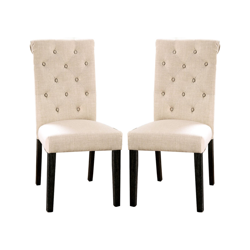 2 chaises de salle à manger, revêtues de tissu noir antique et à dossier boutonné, 2 chaises au look rustique