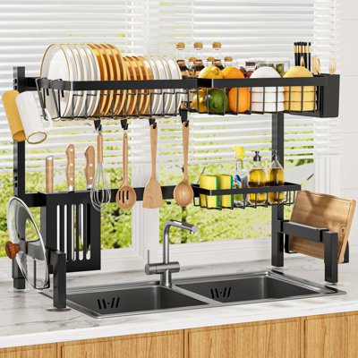 Expandable 2-Tier Over the Sink Dish Rack, Adjustable Kitchen Sink Organizer with Snap-on Design Single