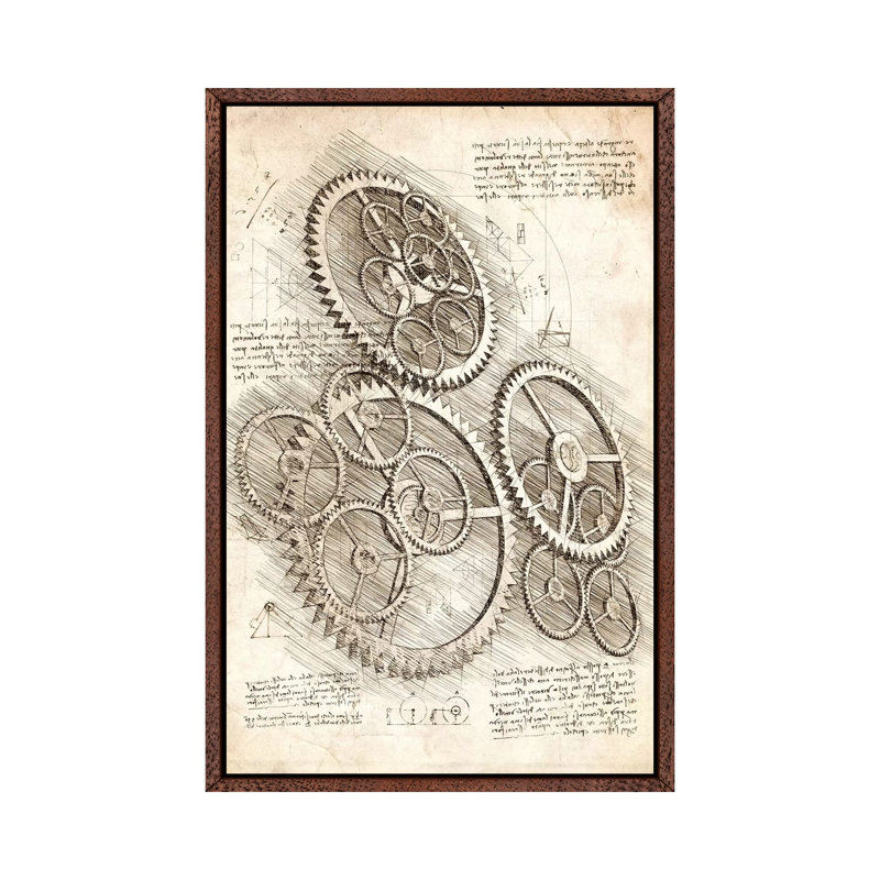 Cogs And Gears by Cornel Vlad - Print on Canvas, 66.04cm H x 20.32cm W x 3.81cm D, Classic Brown Wood Framed Canvas