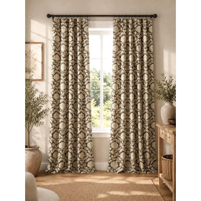 Dark chestnut brown botanical floral curtains