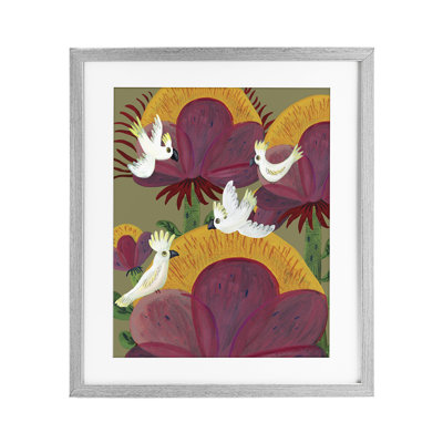 «Tropical Cockatoos & Plants», reproduction d'art sous verre encadrée par Kay Widdowson