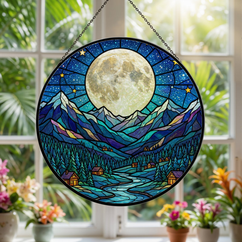 Panneau de vitrail 12 "H Moonlit Mountains, H 12 po x l 12 po