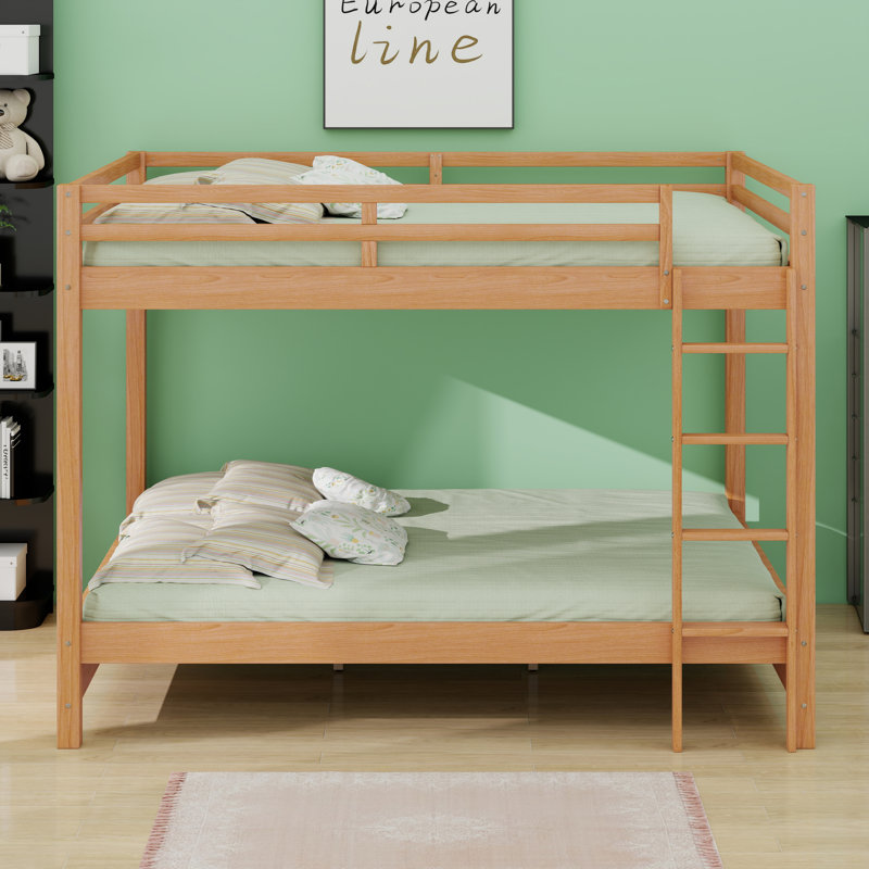 Solid Wood Floor Bunk Bed With Wood Slat Support, Ladder And Guardrail, Wood