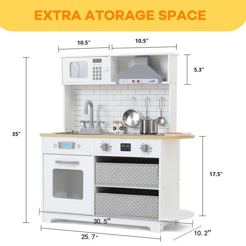 Modern Wooden Play Kitchen Set for Kids – Realistic Lights & Sounds – Storage Cabinets – Complete Cookware Accessories, White