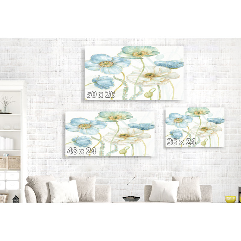 Coquelicots, doré, bleu, fougère, blanc II, H 26 po x l 50 po x P 1,5 po