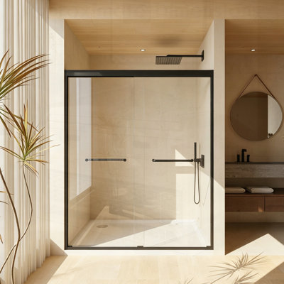 Porte de douche coulissante double avec cadre en aluminium durable, verre trempé transparent et poignée en acier inoxydable pour salles de bains modernes