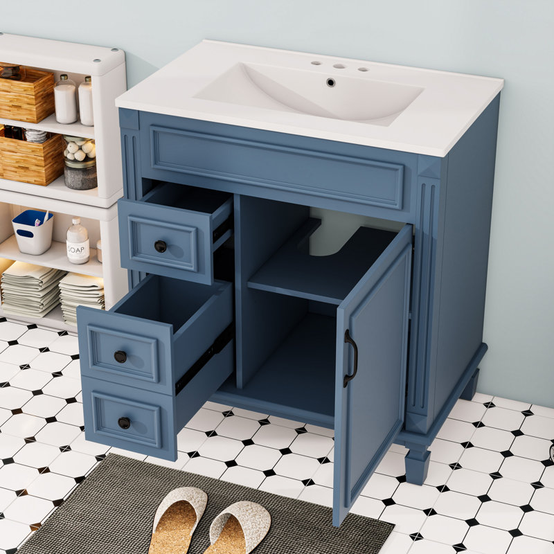 Meuble-lavabo avec lavabo, 2 tiroirs et tablette réglable, Bleu