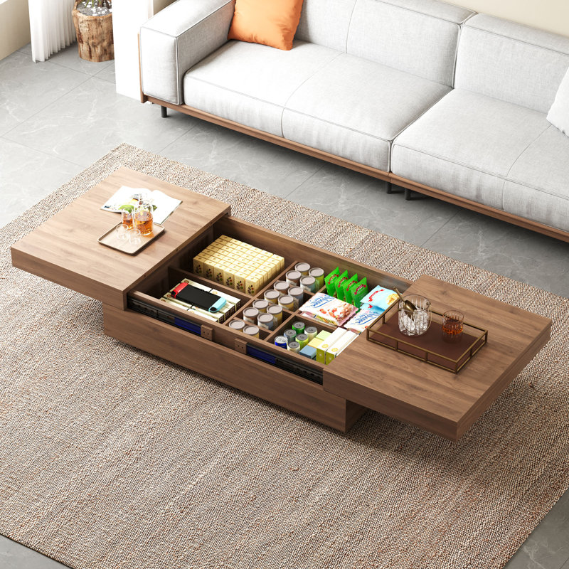 47.2" To 81.8" Expandable Coffee Table With Hidden Storage Cubbies, Modern Sliding Wood Center Table