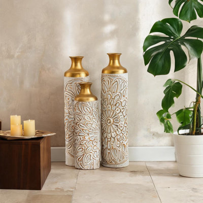 Ensemble de vases de sol en métal blanc pour salon, 3 grandes décorations martelées et or poli