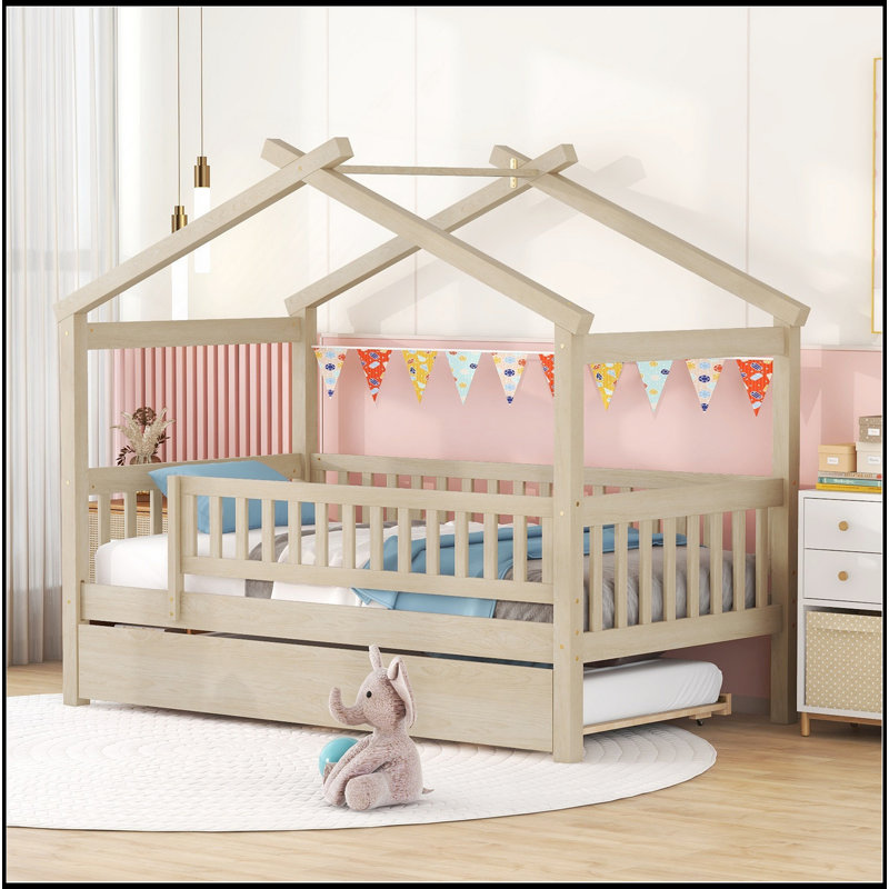 Lit en bois avec lit gigogne simple, Naturel