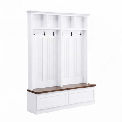 Farmhouse Hall Tree with Wood Grain Bench, Mudroom Versatile Coat Rack with 2 Large Drawer, Entrance Organizer for Hallway, Living Room