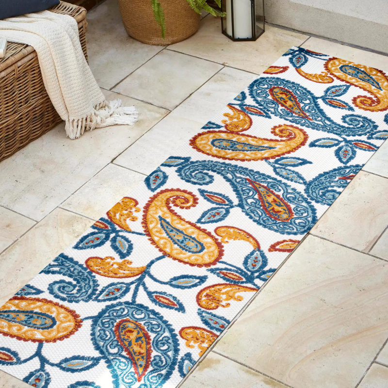 Jotunheim Paisley High-Low Orange/Blue Indoor/Outdoor Rug, Runner 2'3" x 8'