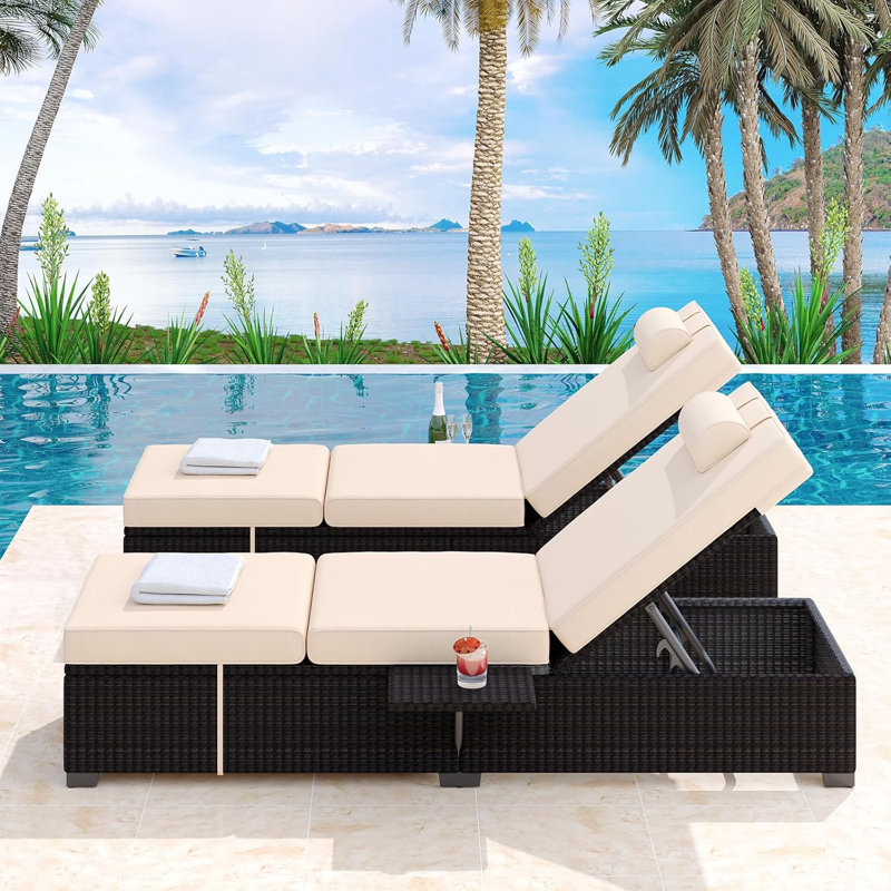 Patio Chaise Lounge Chairs Set of 2, PE Wicker with Adjustable Backrest, Storage Table Included, Rattan, Outdoor Poolside Furniture
