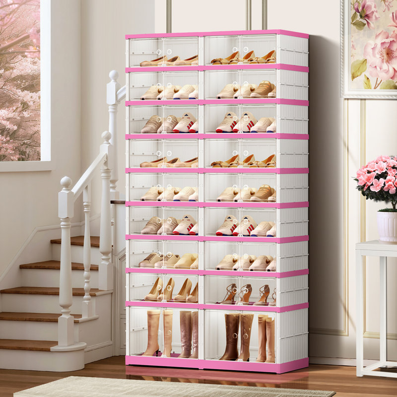 9-Tier 18-36 Pairs Plastic Stackable Shoe Storage Cabinet For Entryway Easy Assembly, Pink/White