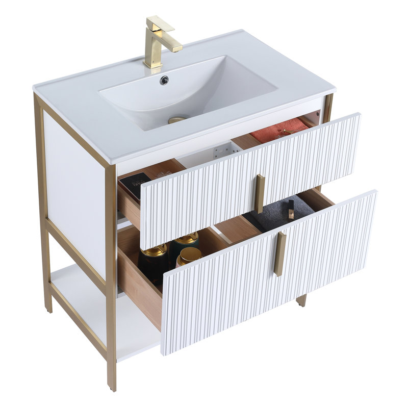  Serenity Modern Bathroom Vanity with White Ceramic Top, 30", White Matte/Brass