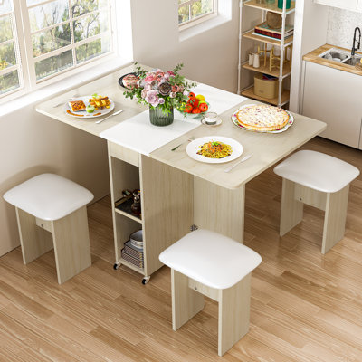 Drop Leaf Dining Table,Folding Dining Table With 6 Wheels And Four Leather Stools,Space Saving Dining Table And Chairs For Dining Room, Kitchen