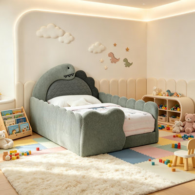 Twin Size Dinosaur-Shaped Kids Bed w Safety Guardrail,Solid Wood Toddler Bed Frame,No Box Spring Needed,Space-Saving Cute Bedroom Furniture,Grey.
