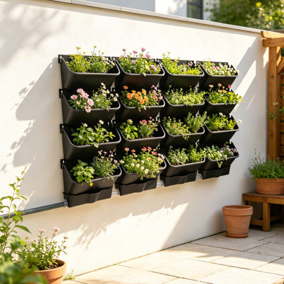 Ensemble de 16 pots de fleurs muraux avec bassin de drainage et tuyau d'évacuation
