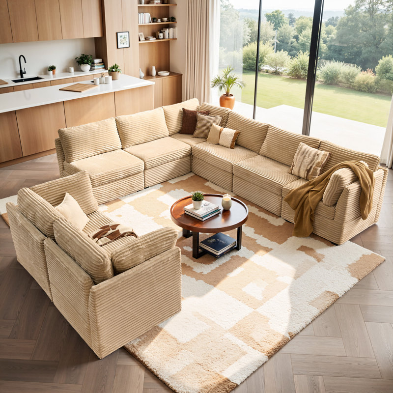 Ensemble de canapé modulaire en velours côtelé en L 8 pièces avec causeuse Hgo, Peluche beige