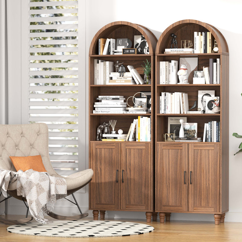 Arched Bookshelf With Storage, 6-Tier Cabinet Bookcase With Doors And Open Display Shelves, Walnut