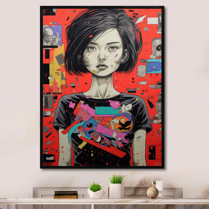 Portrait de femme manga sur collage, H 20 po x l 12 po x P 1 po, Cadre flottant noir
