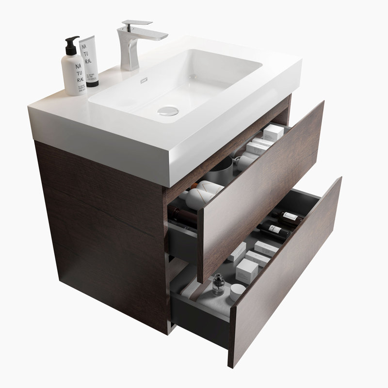 Ensemble de meuble-lavabo mural simple 29,9 po avec plateau Geis, Blanc, Noyer