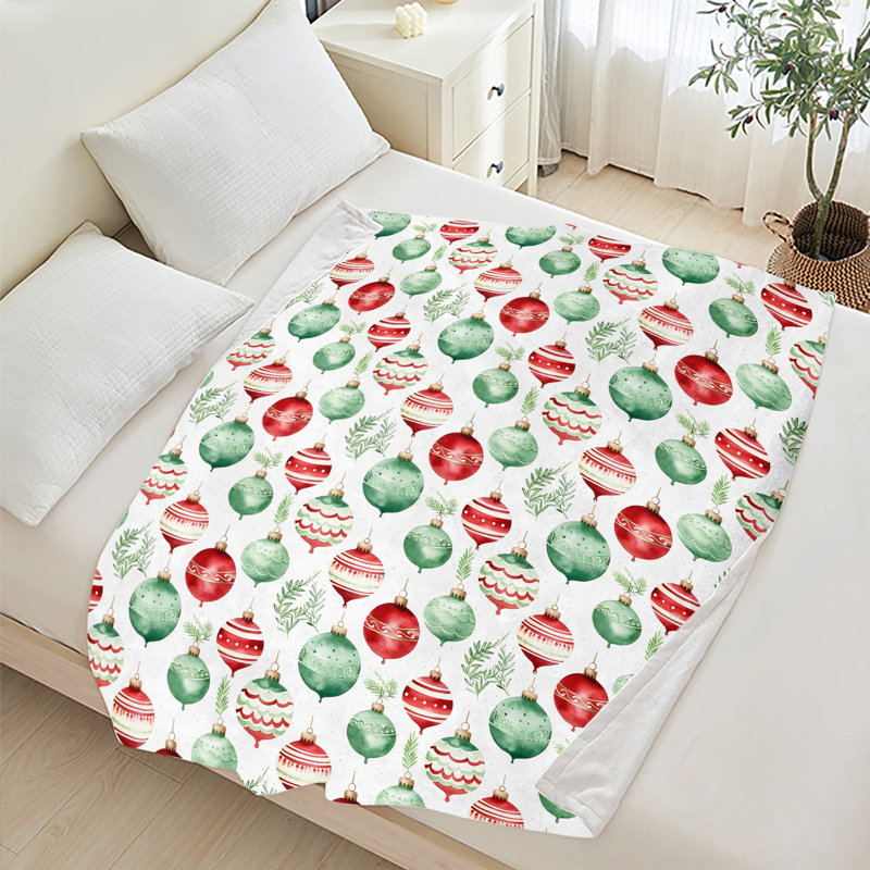 Plaid de Noël en flanelle polaire JYK, léger, respirant, doux et chaud en microfibre pelucheuse, 127 x 152 cm, boules de verre vintage