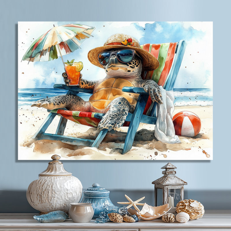 Tortue sur la plage relaxante - salon d'art mural animal côtier, H 12 po x l 20 po x P 1 po, Toile tendue