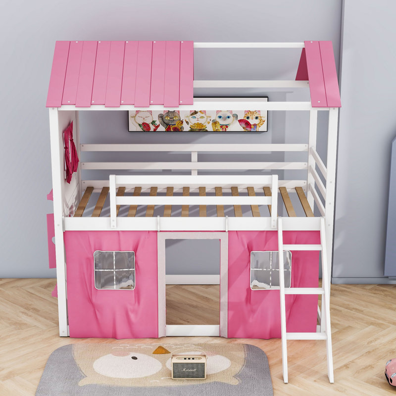 Lit superposé en bois avec fenêtre et tente Sherick, Double sur double, Rose