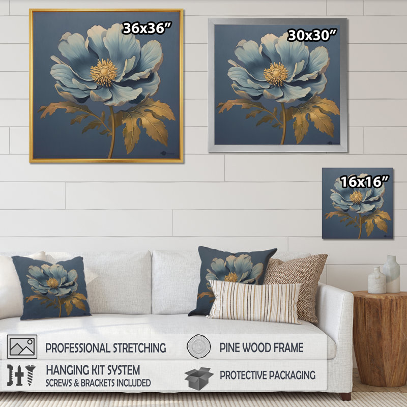 «Blooming Blue Anemone Golden Leaves», reproduction d'art rétro sur toile, 24" H x 24" W, Cadre flottant blanc