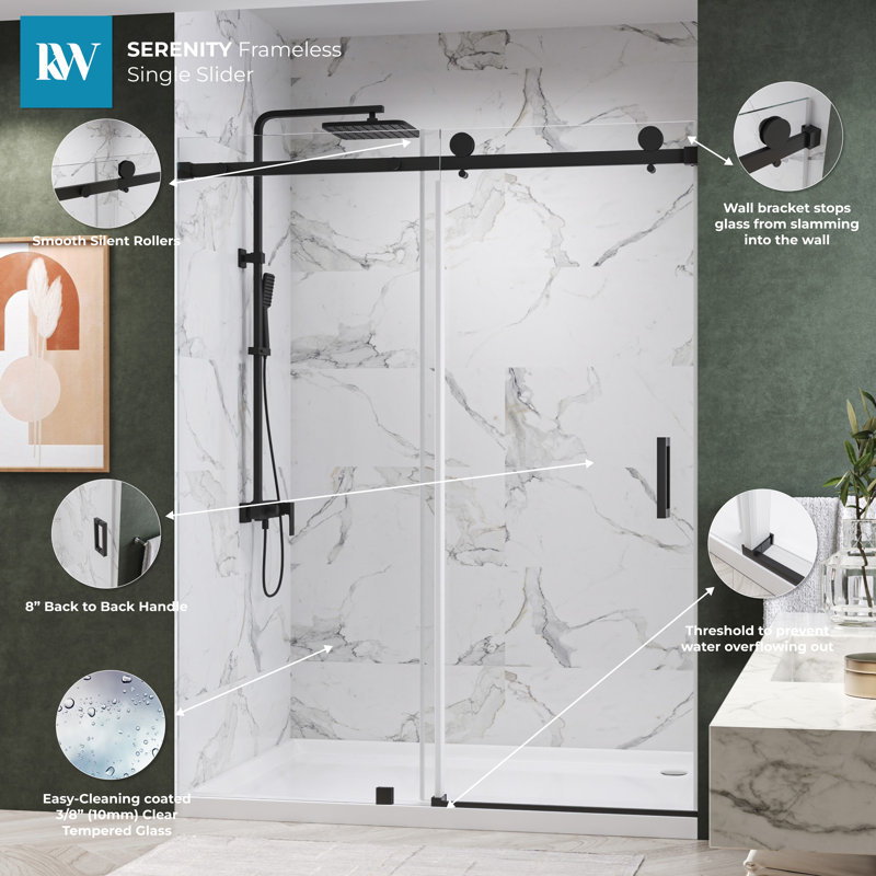KW03 56 - 60 In. W X 76 In. H Single Sliding Frameless Shower Door With 3/8 In. Clear Glass, Matte Black
