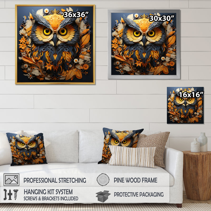 Yellow Owl Wise Owl Papercut - Animals Canvas Wall Art, H 24 po x l 24 po x P 1 po, Toile tendue