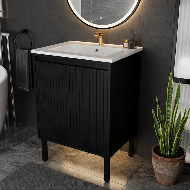 Meuble-lavabo moderne 24 po - Lavabo en céramique blanche - Porte à fermeture douce - Finition chêne, Noir