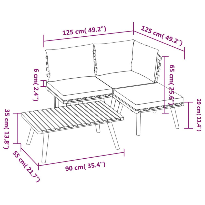 Chaise longue avec coussins 4 pièces Damita, 4 pièces: milieu, coin, repose-pieds, table