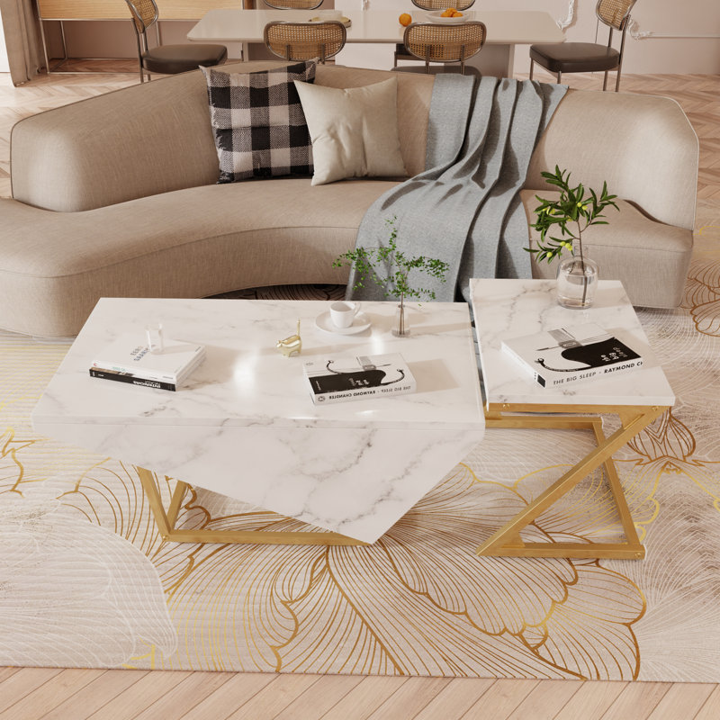 Wrought Studio Brandalynn 2-Piece Marble Top Nesting Coffee Table Set with Metal Frame, White, Gold