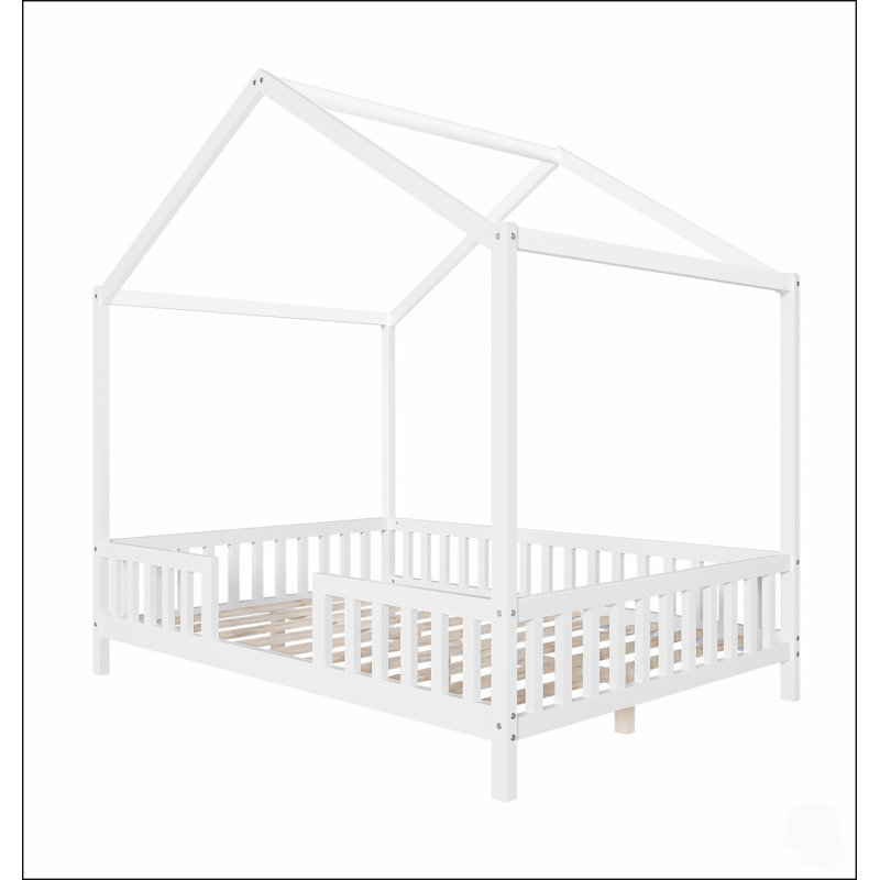 Lit Montessori au sol avec baldaquin, cadre de lit enfant en forme de maison avec hautes barrières, lit enfant en bois avec toit, taille standard