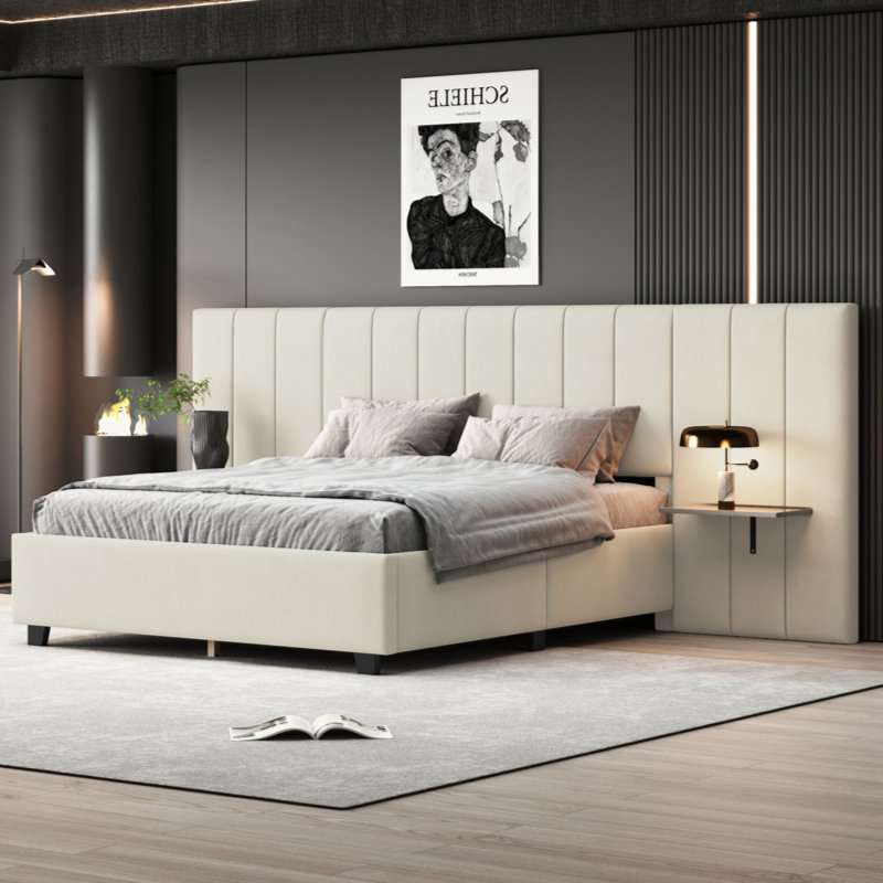 Upholstered Panel Headboard Bed With 2 Shelves, Queen, Beige