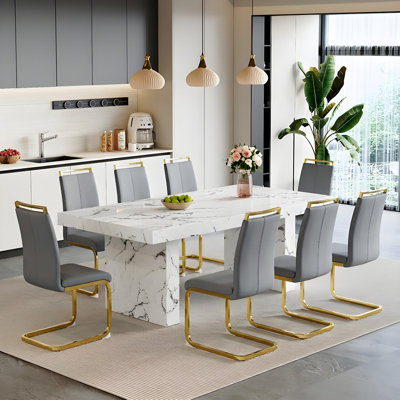Ensemble de table de salle à manger 9 pièces, ensemble de table à manger en marbre 79 po pour 8 personnes