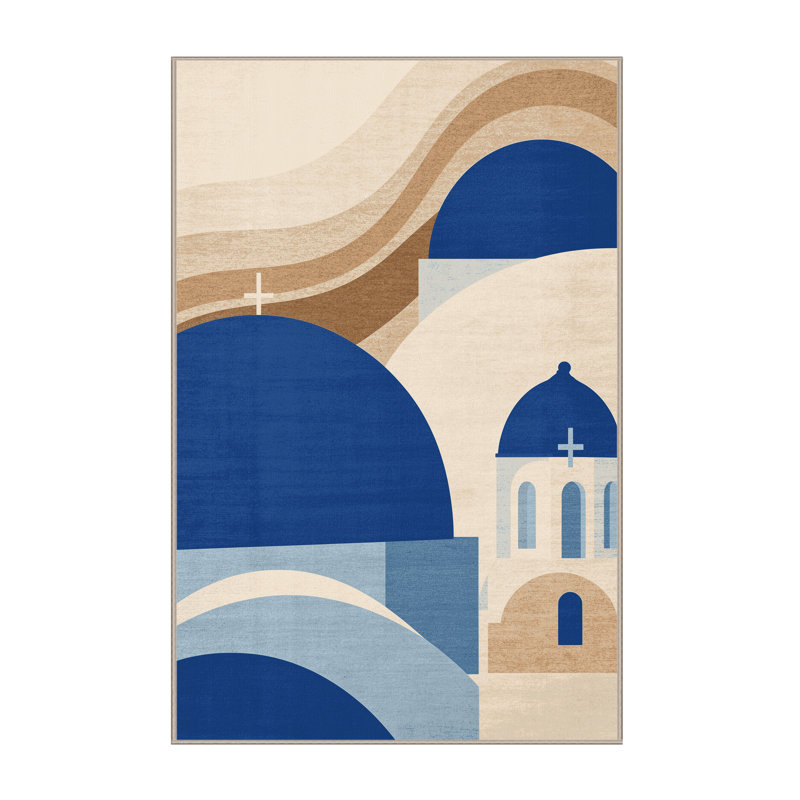 Tapis beige moderne à motif de dômes bleu lavable à la machine Parez Santorini, 5 x 8