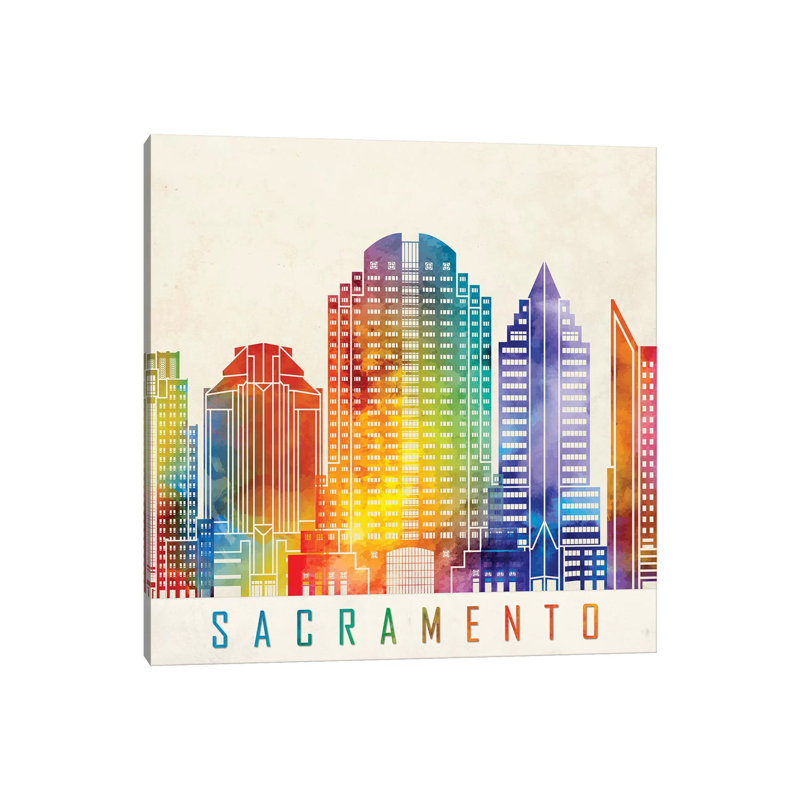 Sacramento Landmarks Watercolour by Paul Rommer - Wrapped Canvas Painting, 45.72 cm H x 45.72 cm W