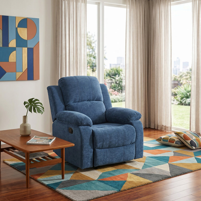 Light Blue Fluffy Fabric Manual Recling Chair, Blue Microfiber / Microsuede