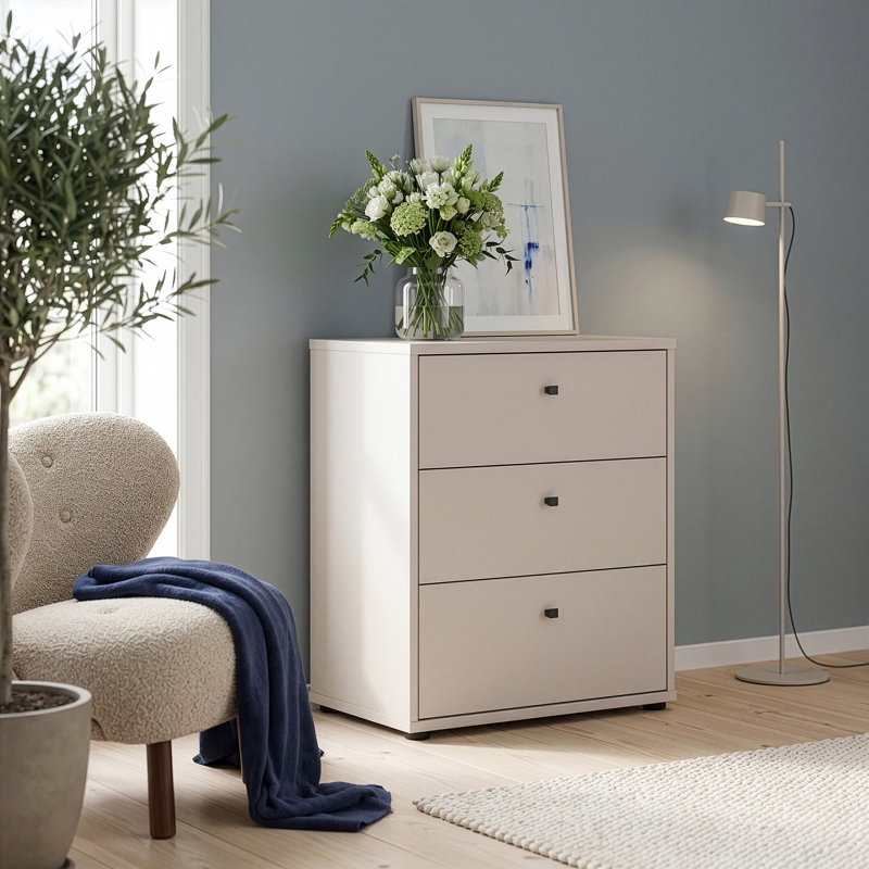 Tekita Modern 3-drawer chest of drawers, small storage cabinet, engineered wood, beige, 54 cm W x 66.3 cm H x 34.8 cm D