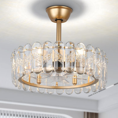 Ventilateur de plafond à cage dorée de 20 pouces avec lumière, ventilateur de lustre en cristal avec télécommande et lumières, cristal moderne Fandelier à 6 vitesses pour salle à manger, salon