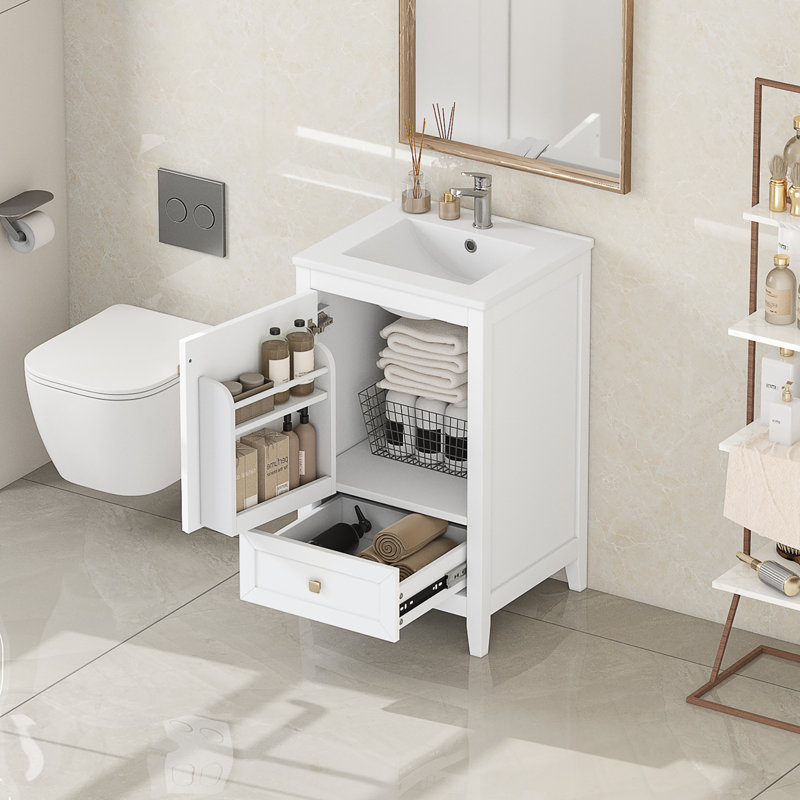 Meuble-lavabo de salle de bain avec lavabo, porte à fermeture douce, support de rangement et tiroir, Blanc