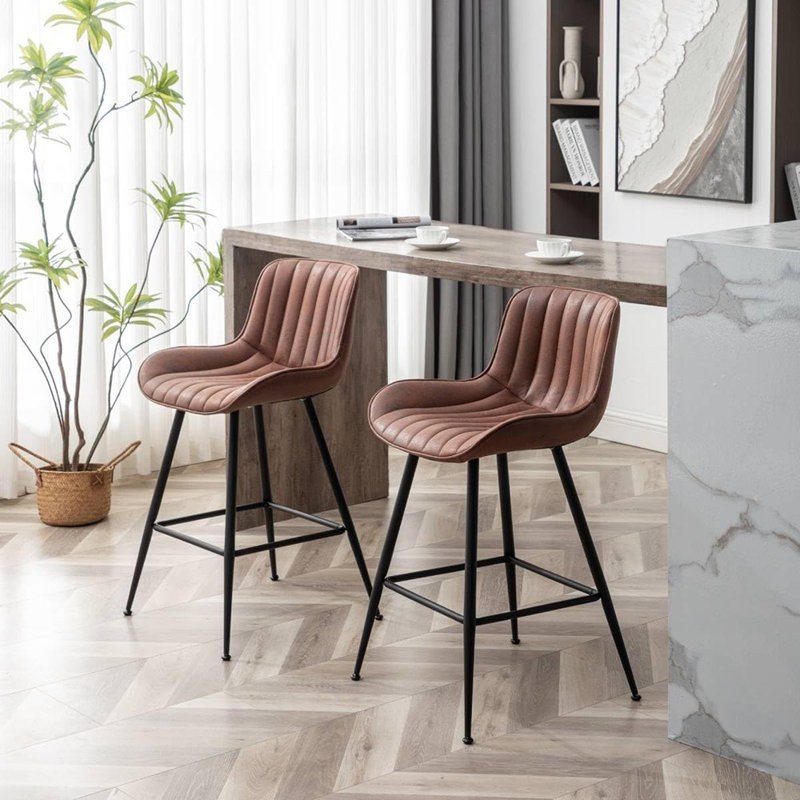 Ensemble de 2 tabourets de bar sans accoudoirs bruns, chaises rembourrées en tissu pour la maison ou le café