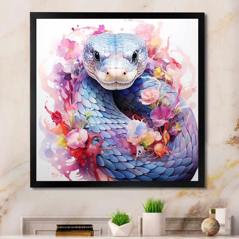 Snakes Floral Grace II - Snake Animal, art mural, Cadre simple noir, H 36 po x l 36 po x P 1,5 po