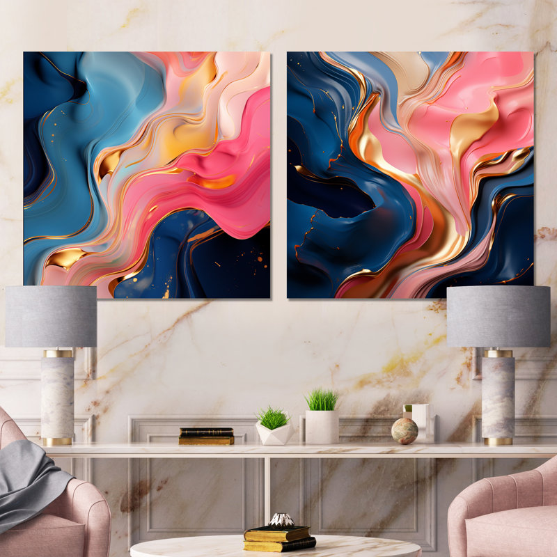 «Pink and Gold», encre liquide abstraite I - ensemble de 2 reproductions d'art sur toile, Toile tendue