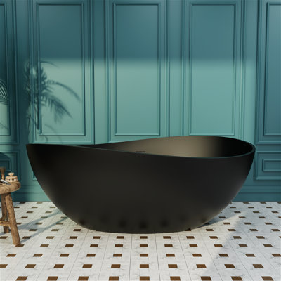 63" Egg-Shaped Wavy Curves Solid Surface Bathtub, Freestanding Seamless Deep Soak Tub with Drain & Overflow – Spa Sanctuary for Luxury Bathrooms
